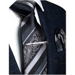 Men's Floral Necktie and Pocket Square Tie Clip Sets for Men Charcoal Grey